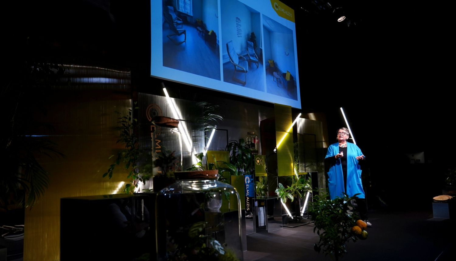 Diāna Ziediņa saka uzrunu uz skatuves